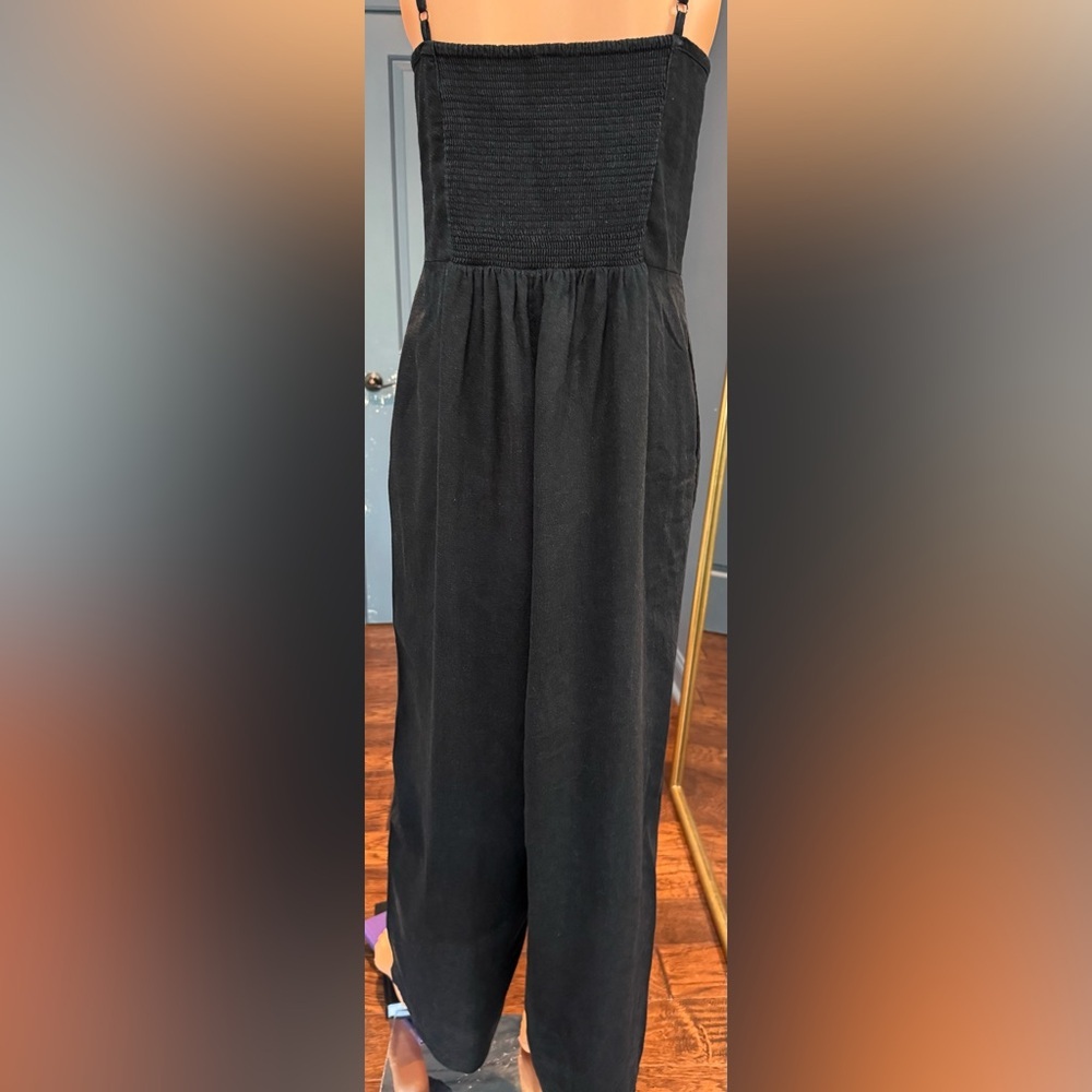 Old Navy Linen Blend Jumpsuit Black Wide Leg Strappy Pockets L Tall - Picture 3 of 6